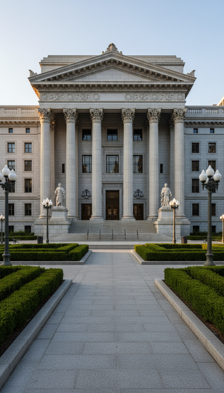 A large, imposing courthouse building crafted from smooth gray stone, with intricate architectural details highlighted along the tall columns and grand arched entrance. The building sits at the center of a spacious urban plaza, surrounded by meticulously trimmed green hedges and iron lampposts. Soft golden hour sunlight bathes the facade, creating long, dramatic shadows and accentuating the building’s texture and authority. Shot from a low angle to emphasize scale and gravitas, the composition uses a clean, modern aesthetic with balanced, symmetrical framing. The overall mood is solemn and dignified, underscoring justice, advocacy, and the serious mission of the site.