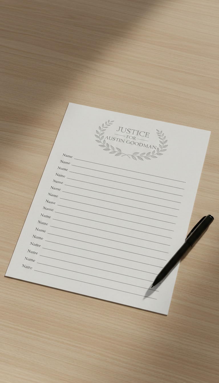 A pristine petition document with a stylized, embossed header titled 'Justice for Austin Goodman,' laid flat on a minimalist light oak table. Several neatly arranged blank signature lines are visible, with a fine-point black pen positioned diagonally across the lower corner. Soft overhead lighting creates subtle shadows and a warm, inviting glow, making the scene accessible and action-oriented. Photographed from a slightly elevated angle, the composition emphasizes clarity and call-to-action, with a minimalist, modern style. The image captures hope and unity, inspiring viewers to join the cause.