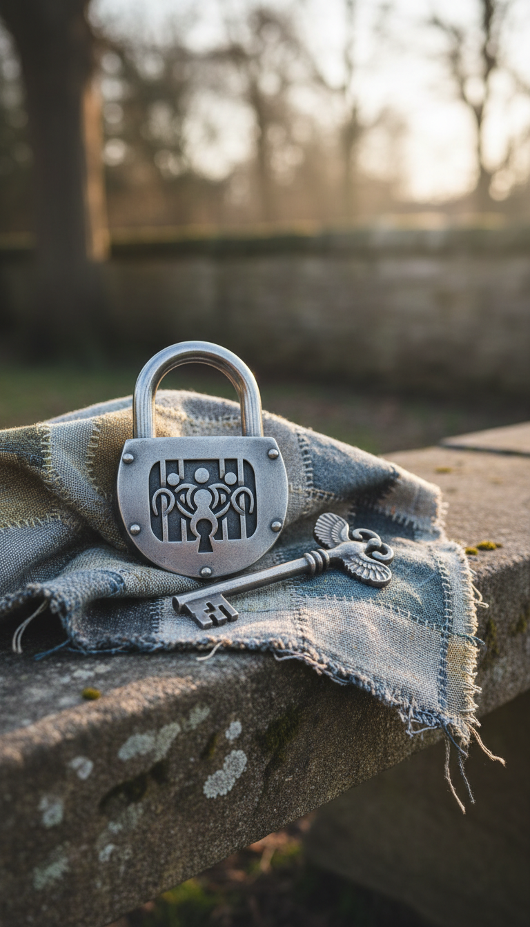 A symbolic steel padlock and key resting atop a folded patchwork cloth in muted shades of blue and gold, arranged on a weathered stone bench. The lighting is soft and ambient, suggesting early morning with delicate highlights on the metallic surfaces and gentle shadows across the cloth. The composition uses rule-of-thirds placement to guide the eye, with a shallow depth of field rendering the surrounding area softly blurred. The mood is contemplative and empathetic, subtly alluding to themes of incarceration, hope, and the power of advocacy. The overall style remains clean and modern, in line with the site’s theme.