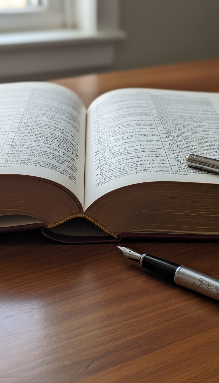A close-up shot of a sturdy, vintage law book with a textured, deep burgundy leather cover and gilded pages, lying open on a smooth walnut desk. The pages are slightly fanned, revealing crisp, dense legal text. Beside the book, a metallic silver pen with subtle engravings rests parallel, catching hints of ambient daylight from a nearby window. The scene is illuminated by diffuse, natural light, creating soft highlights and gentle shadows for a focused, contemplative atmosphere. Photorealistic detail and a shallow depth of field give the image intimacy and clarity, perfectly suited to a legal advocacy site.