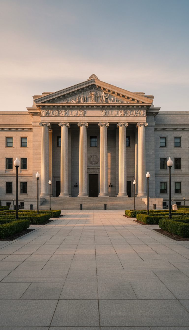 A large, imposing courthouse building crafted from smooth gray stone, with intricate architectural details highlighted along the tall columns and grand arched entrance. The building sits at the center of a spacious urban plaza, surrounded by meticulously trimmed green hedges and iron lampposts. Soft golden hour sunlight bathes the facade, creating long, dramatic shadows and accentuating the building’s texture and authority. Shot from a low angle to emphasize scale and gravitas, the composition uses a clean, modern aesthetic with balanced, symmetrical framing. The overall mood is solemn and dignified, underscoring justice, advocacy, and the serious mission of the site.